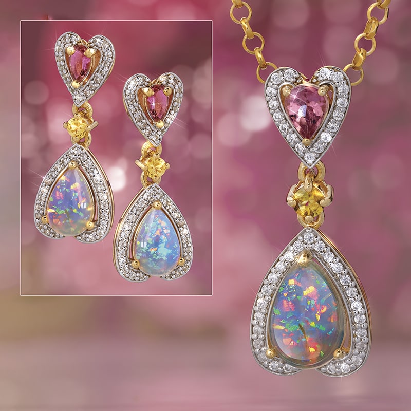 Ethiopian Opal and Pink Tourmaline Pendant, Chain and Earrings